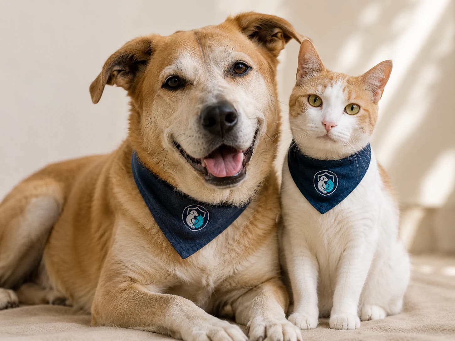 A rescue dog and cat wearing StrayAlliance bandanas